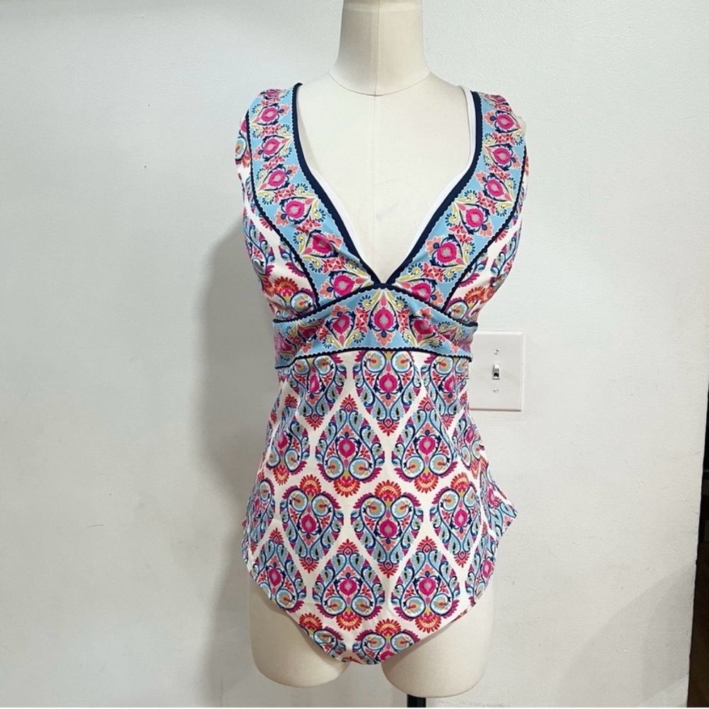 Boden White One-Piece Swimsuit with Pink and Blue Floral Paisley